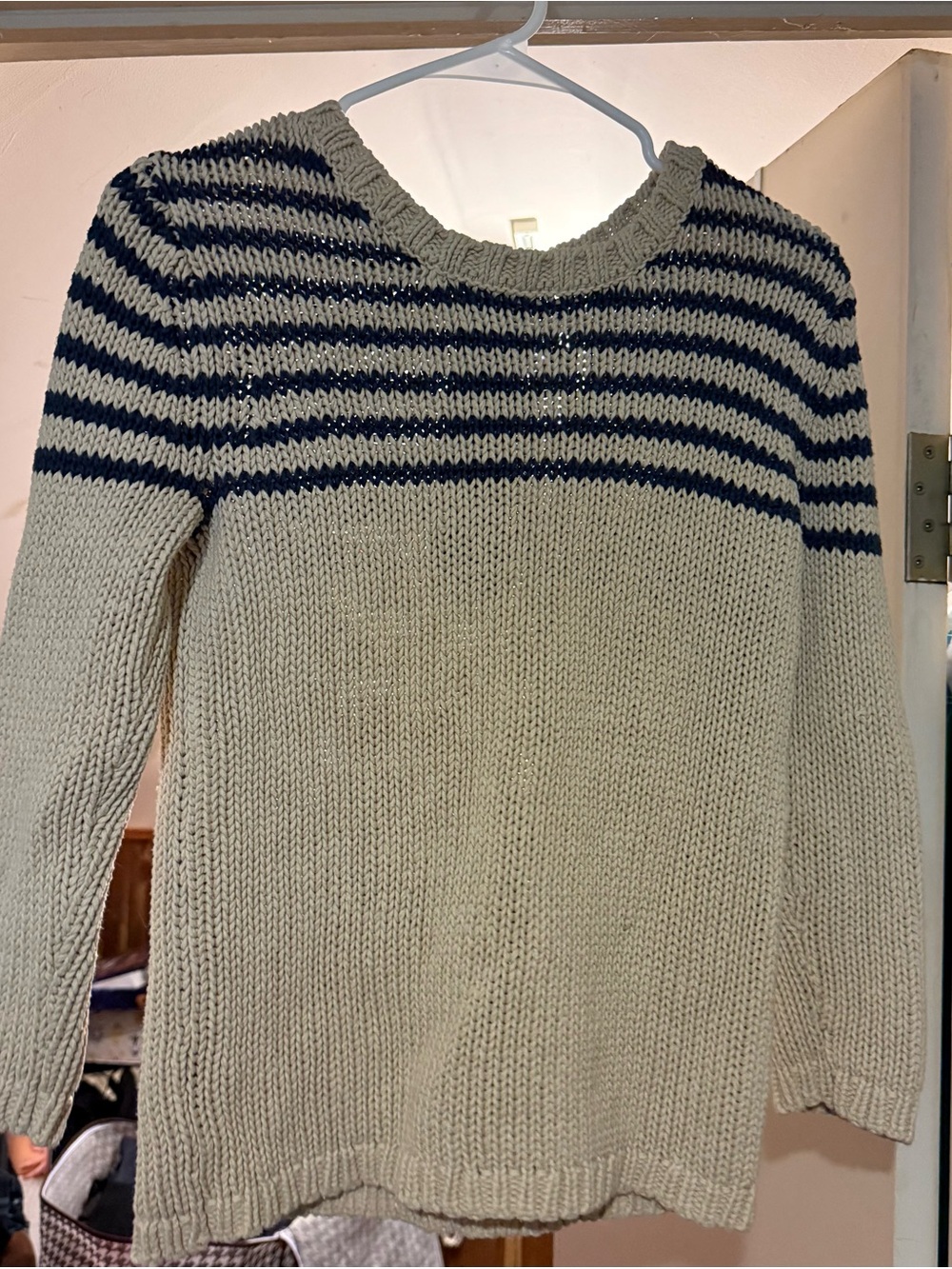 LOFT Cream Crewneck Sweater with Navy Stripes